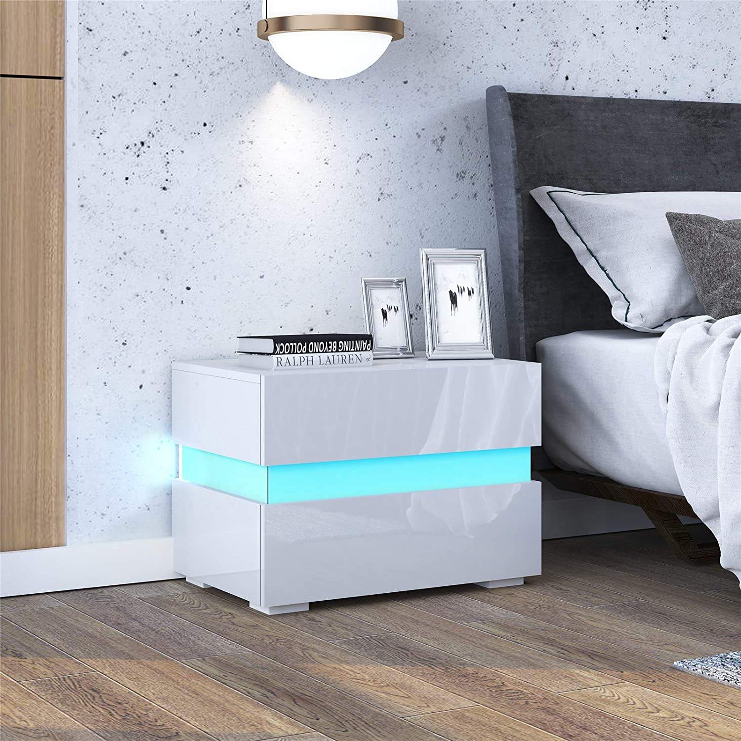 床头柜床头柜 2 抽屉白色床头柜高光 LED 灯现代卧室家具
